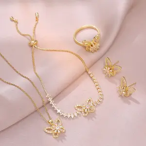 4PCS Butterfly Jewelry Set, Necklace Butterfly Four-Piece Rotating Earring Ring Necklace Bracelet, Micro Inlaid Zircon Clavicle Chain