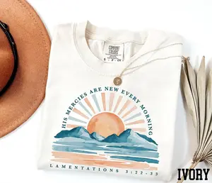 Comfort Colors Bible Verse Shirt, His Mercies Are New Every Morning Tee, Lamentations 3:23 T-shirt, Aesthetic Christian Women's Gift, Trendy Faith Based Top, Retro Sunrise Scripture Shirt, Pre-shrunk Cotton Jesus Tee