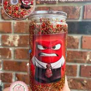 Inside Out Brand Snow Globe Cup - Anger Design with Red & Gold Glitter - Perfect Gift or Personal Use - Sparkle Your Emotions Today