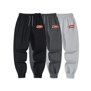 3 pieces set Men's spring and autumn sports pants, Men's wear regular version, letter printing, casual nine-point pants, suitable for running fitness, elastic waistband, drawstring gray & black sportswear, 95% polyester fiber 5% Elastane