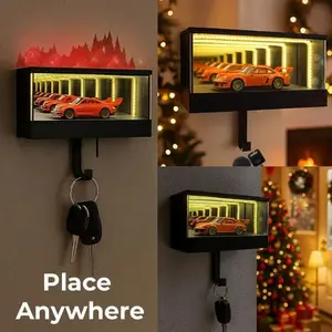 LED Garage Keychain Wall Mount 3D Illusion Mirror Key Holder & Display Case Easy Installation for Home Entryway Hallway Office Car Lover Accessory