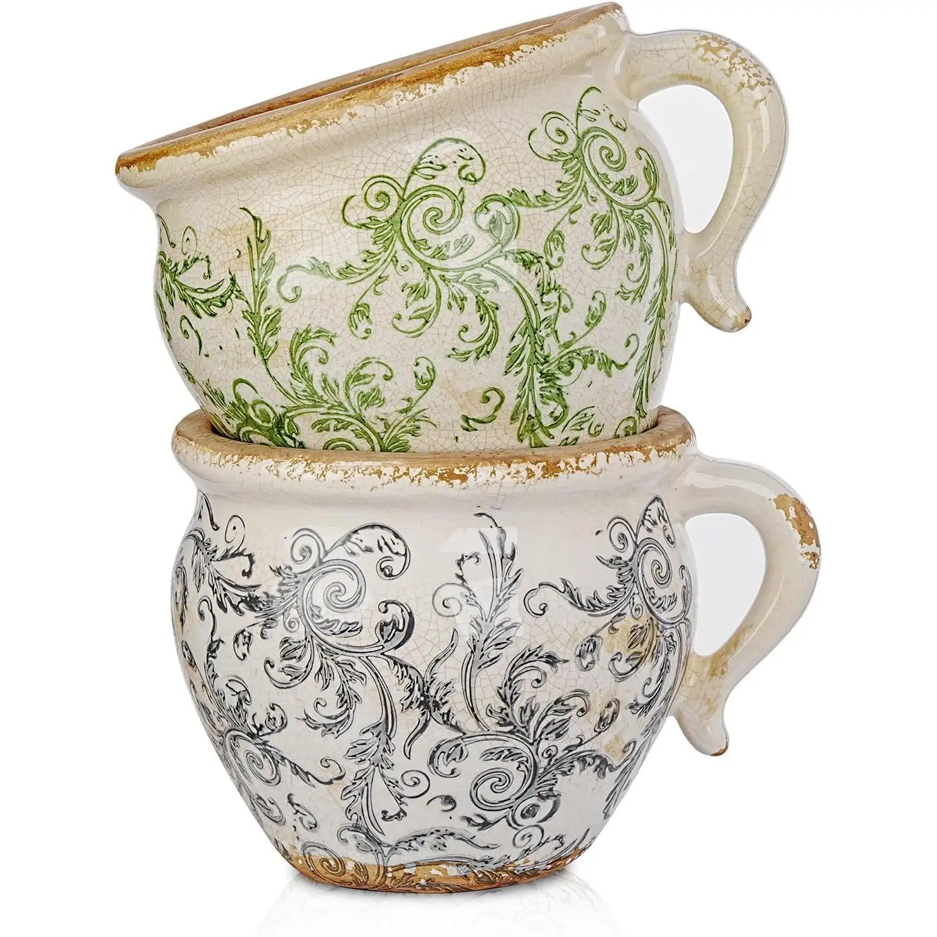 Sungmor Set of 2 Vintage Ceramic Planters with Handle - Rustic Crackle Glaze Flower Pots with Scroll Design, Drainage Hole Indoor Outdoor Decorative Plant Containers, Tuscan Decor Pots