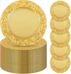 48 Pcs Antique Charger Plates Bulk 13'' Plastic Embossed Dinner Plate Chargers Round Floral Plates for Wedding Decorative Chargers for Table Dinner Kitchen Party Decoration (Gold)