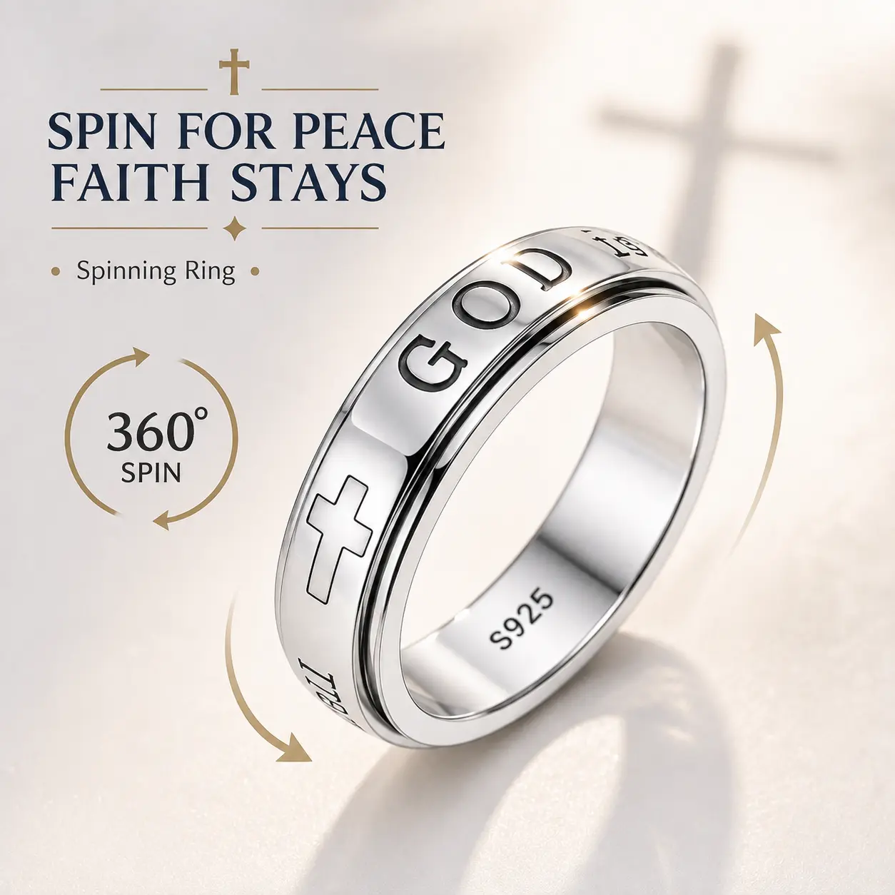 God Is Faith Cross Spinner Ring, Christian Religious Fidget Ring, Engraved Faith Band Ring, Inspirational Gift for Men & Women