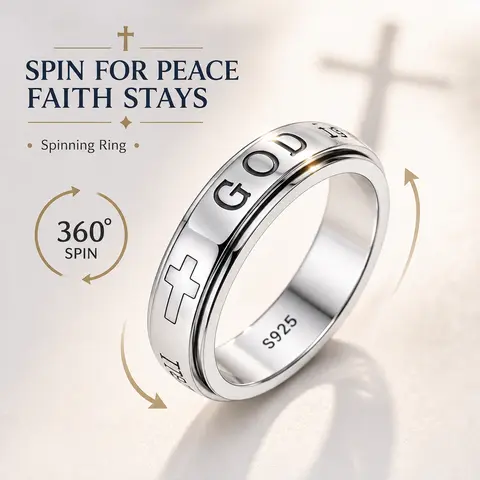 God Is Faith Cross Spinner Ring, Christian Religious Fidget Ring, Engraved Faith Band Ring, Inspirational Gift for Men & Women