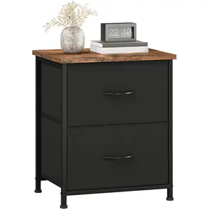 Nightstand, Small 2 Drawer Dresser End Table, Chest of Drawers, Bedside Table Night Stand End Table with Fabric Bins for Bedroom Kids Closet Dorm Guest Room, Black Rustic Brown