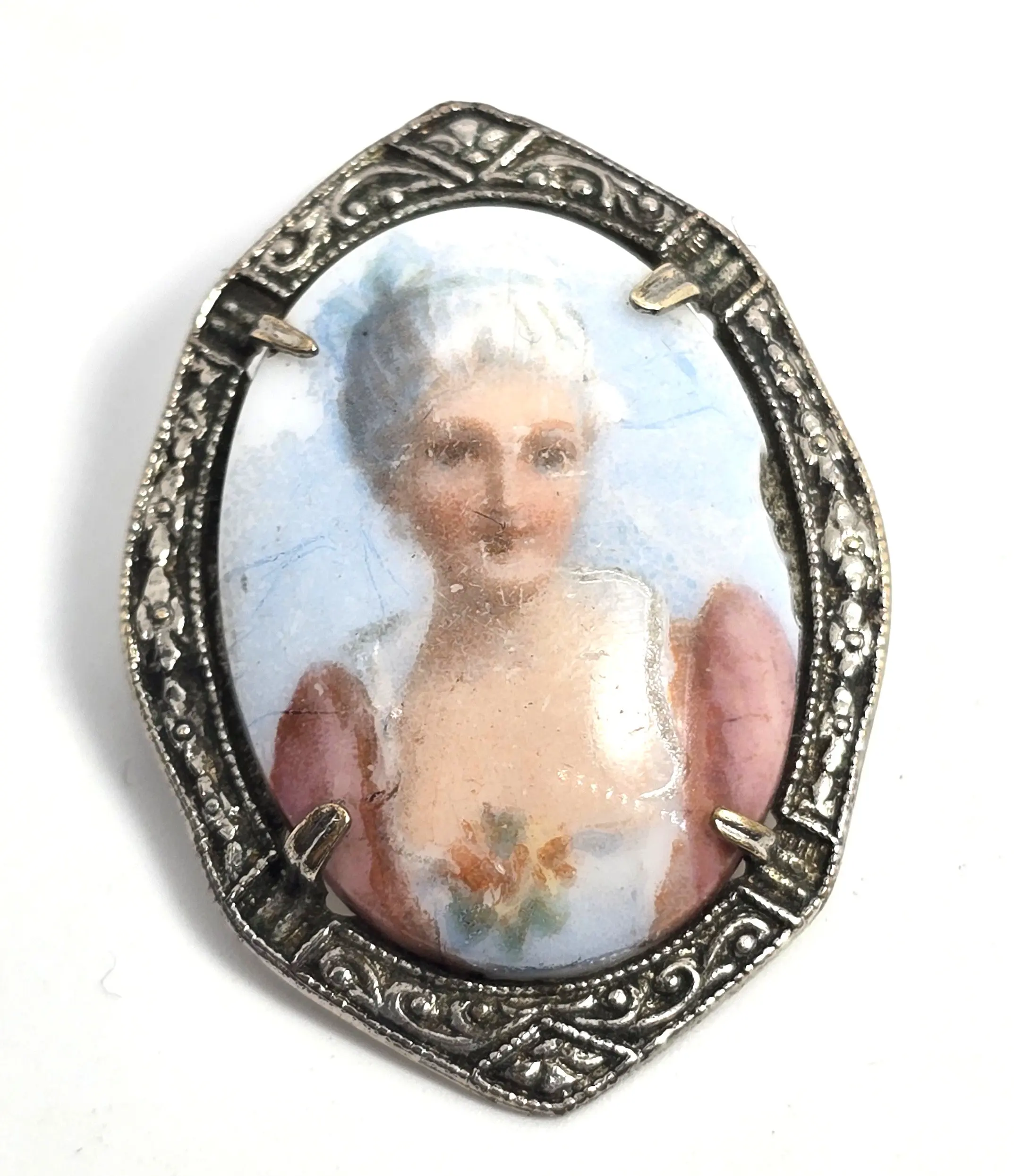 Blue Cameo women Painted Porcelain Rhodium plated vintage cameo brooch