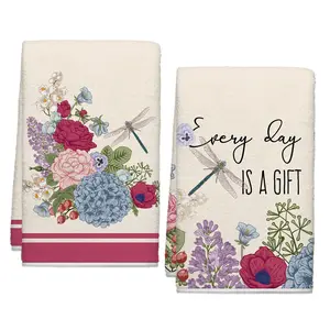 Spring Summer Vintage Floral Kitchen Towels, Dragonflies Dish Towels Set of 2, Spring Retro Hydrangeas 16 x 24 Inch Hand Towel Quick Drying Dishcloth Decor for Kitchen Bathroom Home