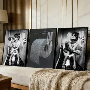 3 Counts Aluminum Alloy Framed Painting, Funny Woman Bathroom Drinking And Smoking Poster, Home Decoration For Living Room, Bedroom, Office, Restaurant, Hallway Wall Decor, Odorless Print Artwork, Luxury Perfect Gift For Friends And Family