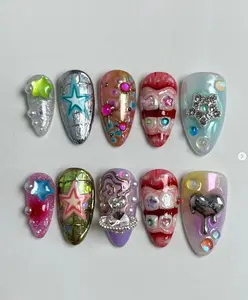 Y2K Funky Grillz & Star Press On Nails – 3D Chrome Teeth, Rhinestone Stars & Neon Charms for a Bold Harajuku Pop Aesthetic Nail Design