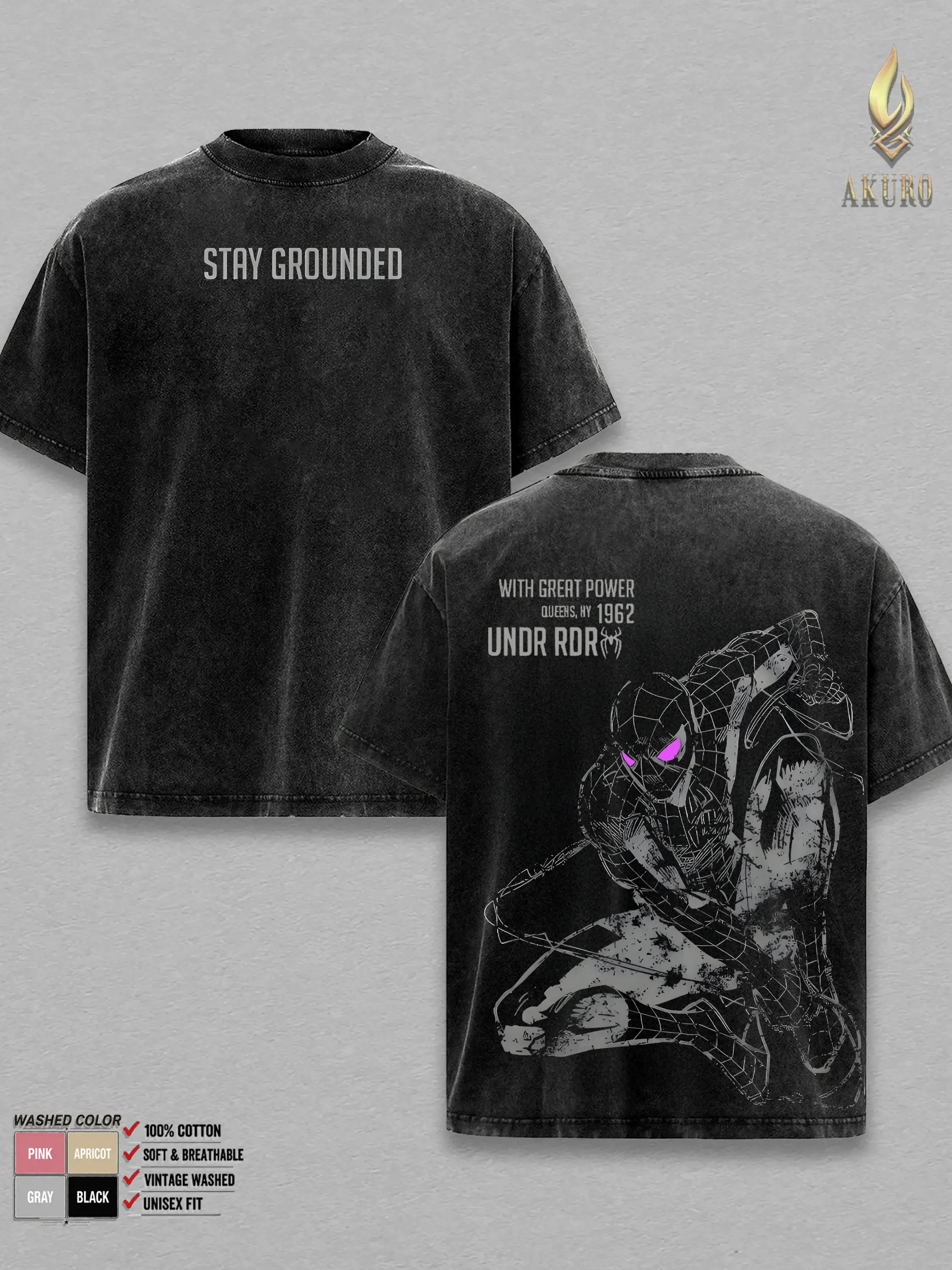 Dark Spidey Vintage Washed Graphic T-Shirt, Oversized Heavyweight Cotton Shadow Hero Tee, Gothic Comic Inspired Streetwear Shirt for Men & Women, Retro Y2K Grunge Web Slinger Aesthetic Top, Collector Fan Gift Merch, Trendy Dark Spider Clothing Apparel