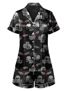 RETRO STAGE Women's 1970s Retro Look Black Rose Skull Lapel Pajama Set - Multi-Size Bold Print Long-Sleeve/Short-Sleeve Nightwear Clothes for Ladies