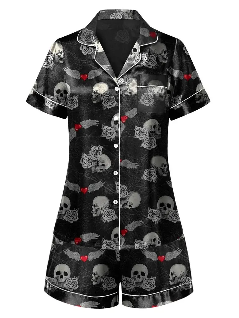 RETRO STAGE Women's Pajama Set, Vintage 70s Rose Skull Print Polyester Sleepwear with Short-Sleeve Button-Front Top and Shorts, Shortsleeve, Pyjamas