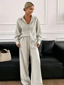 Two piece set of women's fashionable, high-end, relaxed, plain textured long sleeved shirt+high waist wide leg pants set, suitable for all seasons, suitable for short trips, exploring stores, shopping, daily home, workplace, commuting