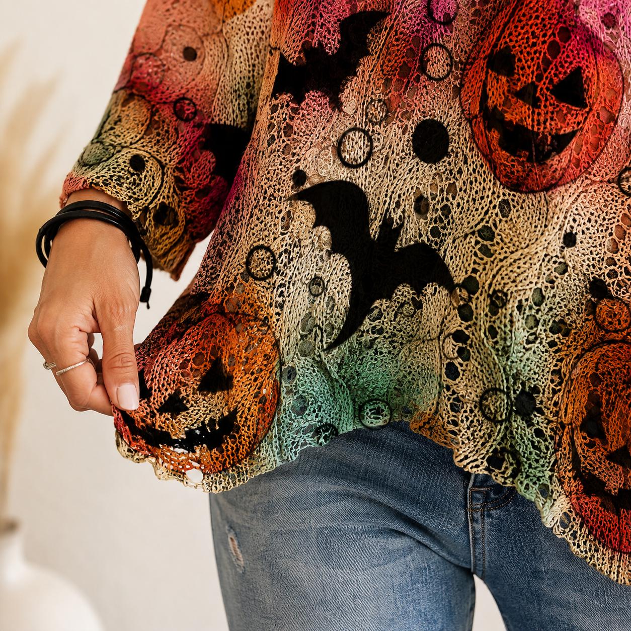Alternative colourway of the Halloween pumpkin bat knit pullover sweater