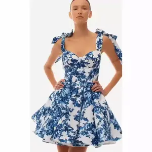 Women's Floral Print Backless Tie Shoulder Dress, Elegant Sweetheart Neck Short Dress for Summer, Lady Plunge Neck Dress, Fashion Women's Dress for Beach Holiday, Dresses for Women, Women's Clothing, Womenswear, Feminine Casual Wear, Bohemian Dresses