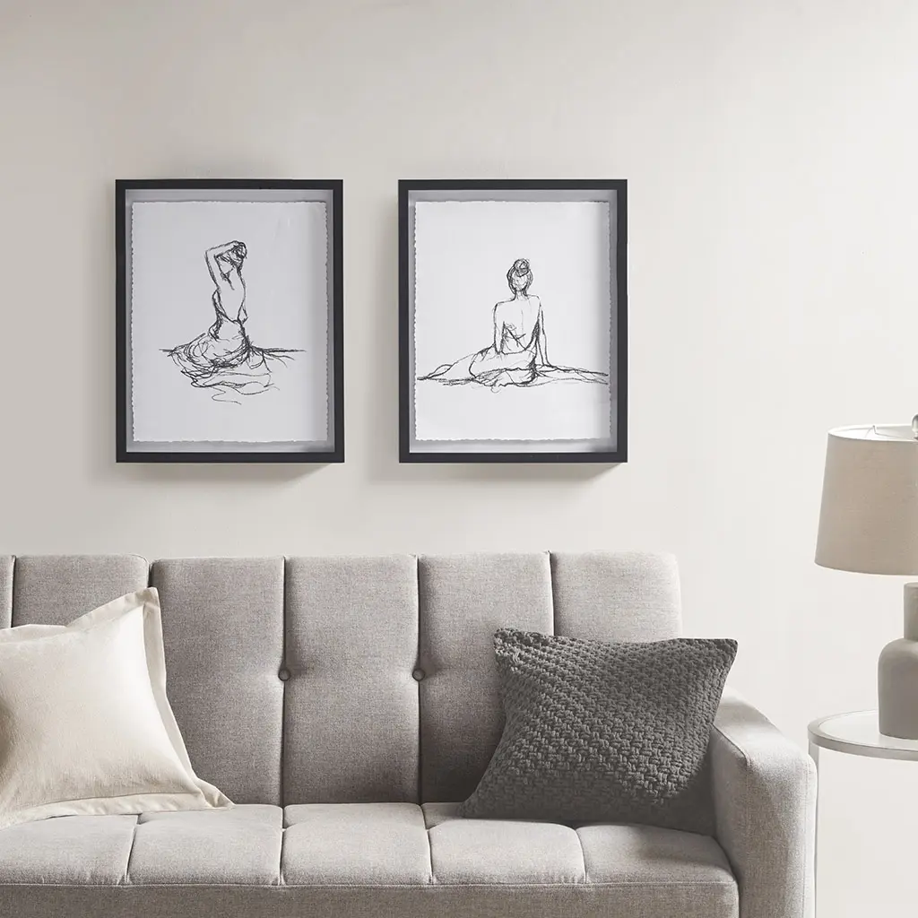 2-Piece Framed Glass and Matted Wall Art Set, Black and White Figure Sketch Prints, MDF Frame, 17x21 Inch, for Living Room Bedroom Home Office Decor