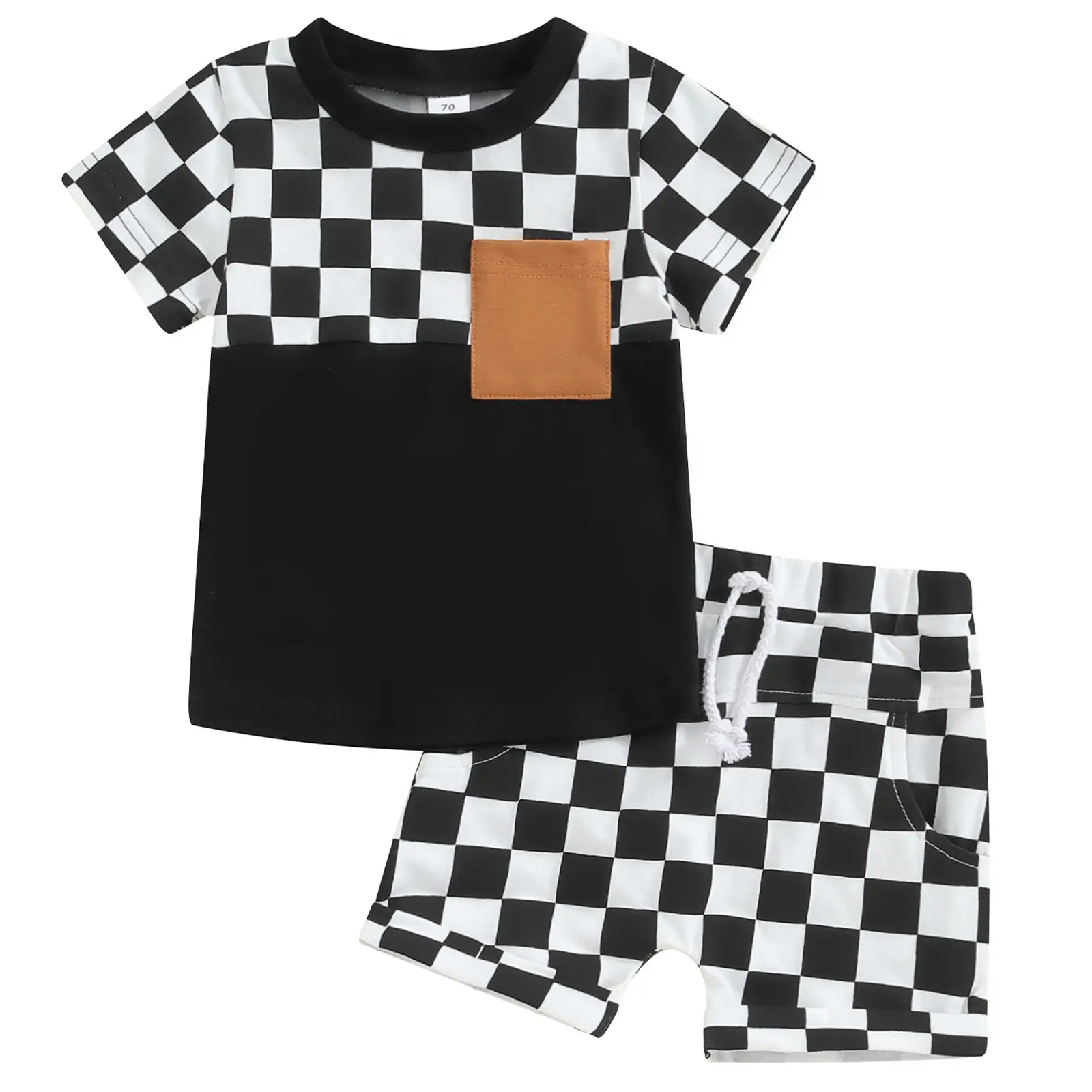 Unisex Toddler 2-Piece Baby Clothing Set, Casual Wear Checkerboard Plaid Short Sleeve Cotton Blend T-Shirt & Shorts for Summer, Short Sleeves