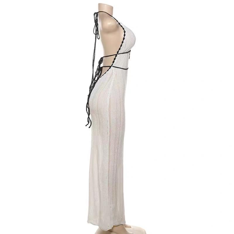 Summer Y2K Women Sweater Dresses Halter Neck Backless Knit Maxi Dress Waist Cinched Boho Beach Vacation Festival Resort Wear Casual