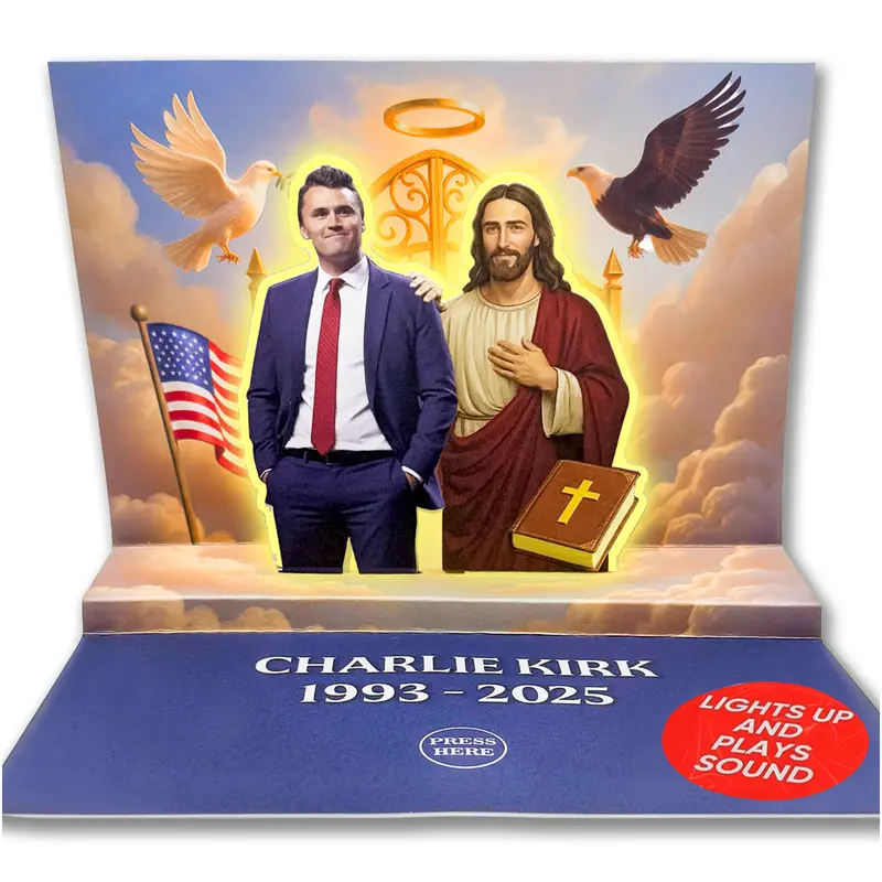 Charlie Kirk Memorial Tribute Talking Pop-Up Card - Size 5.75x8.25", Voice Playback, Lights Up, Crystal Audio, Pre-Charged, 10 Iconic Quotes, Christian Patriotism, Conservative Collectibles, Celebrate Charlie Kirk’s Legacy (Office Stationery)