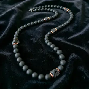 10mm Natural Black Onyx & Lava Stone Necklace, 25 Inch Matte Black Beaded Necklace, Grounding Protection Crystal Jewelry