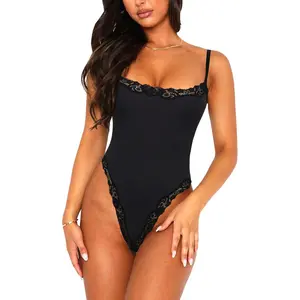 Women lace bodysuit  quare neck leeveless Cami payetti trap thong bodysuit backless body tops leotard