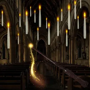Floating Candle with Magic Wand - Flameless Flickering Warm Light LED Candle, Decor for Wedding, Party, and Home Decor, Battery Required Lamp Room Interior Rechargeable Design Glow