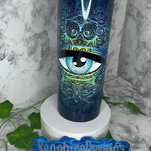 Blue Mystic Eye Straight Skinny Tumbler - Complete Wrap Design Includes Plastic Lid, Metal Straw and Straw Tip - 12oz, 20oz, 30oz Available - Personalization Option - Handmade Insulated Vacuum Flask Drinkware Printed
