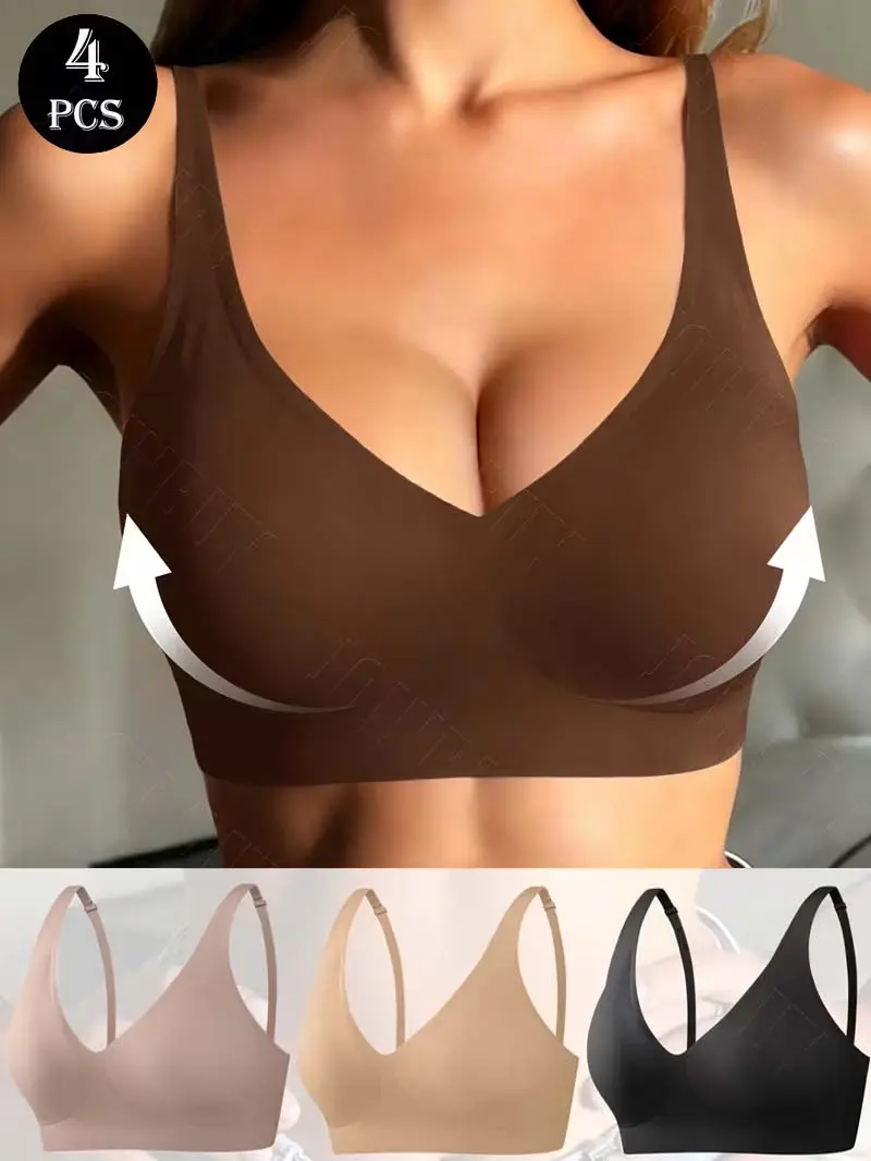 Women's 4PCS Mix Color Jelly Wireless Bras - Seamless Push Up V-Neck Bralettes, Wire-Free, Soft Padded, Breathable, Light Support, Adjustable Straps, Full Coverage T-Shirt Bras (S-XL, Racerback, Chic)