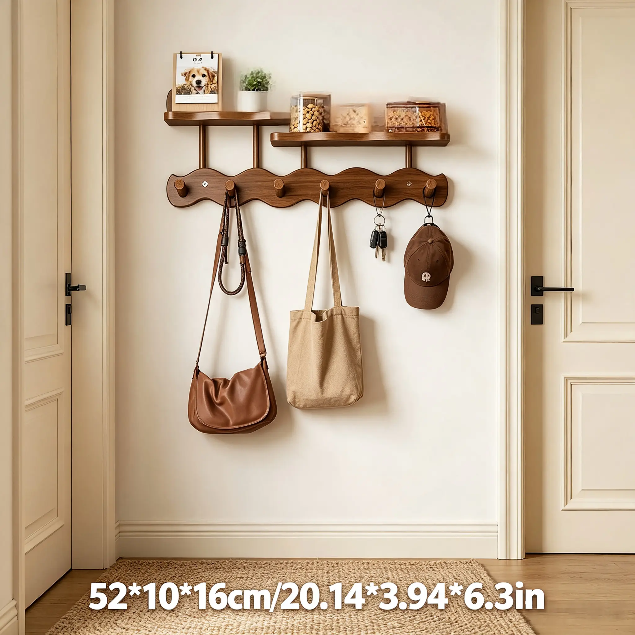 Wood Wall Mount Coat Rack with Floating Shelves, No Drill Entryway Hook Rack, Decorative Wooden Key Holder, Wall Hanging Hat Bag Umbrella Organizer, Modern Entryway Wall Decor, Size 52×10×16cm