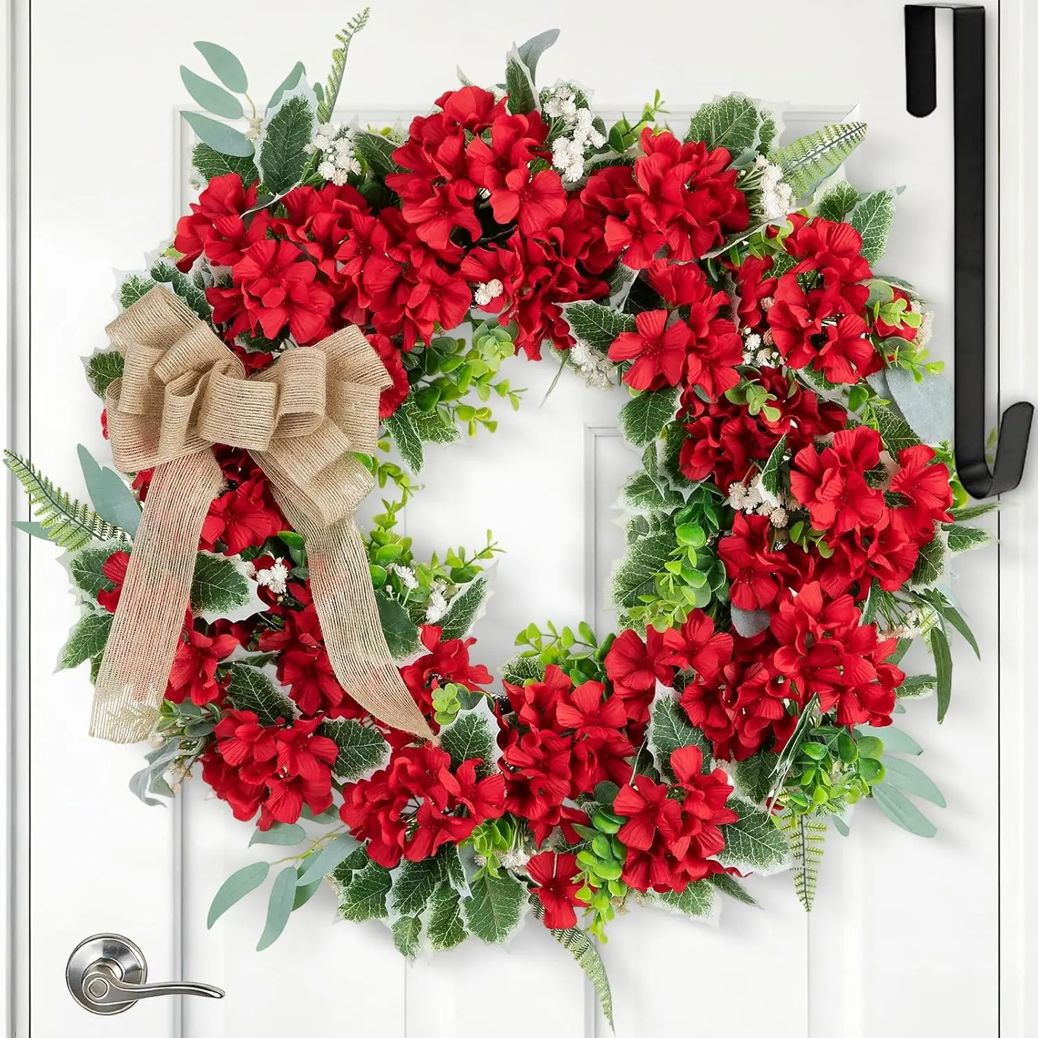 NUPTIO 24-Inch Silky Faux Flower Wreath, Geranium Wreath with Vibrant Greenery & Bow Hanger - Front Door, Farmhouse Party Decoration, Holiday & Room Decor Outdoor Artificial Decor, Holiday Decor