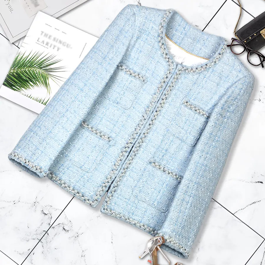DS Unique Design Women's High-End Pearl Blue Coarse Tweed Round Neck Longsleeve Jacket - Fitted, Elegant, Casual Chic Outerwear for Autumn Winter Small Fragrant Style, Longsleeves
