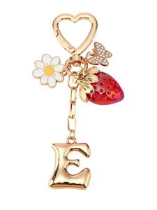 Strawberry Initial Keychain for Women-Cute Kawaii Gold Alphabet Bag Charms, Key chain Gift for Purse Handbag, Keychain for Bags