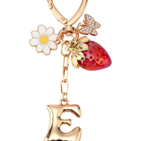 Strawberry Initial Keychain for Women-Cute Kawaii Gold Alphabet Bag Charms, Key chain Gift for Purse Handbag, Keychain for Bags, Metal Keychain, Cute Keychains