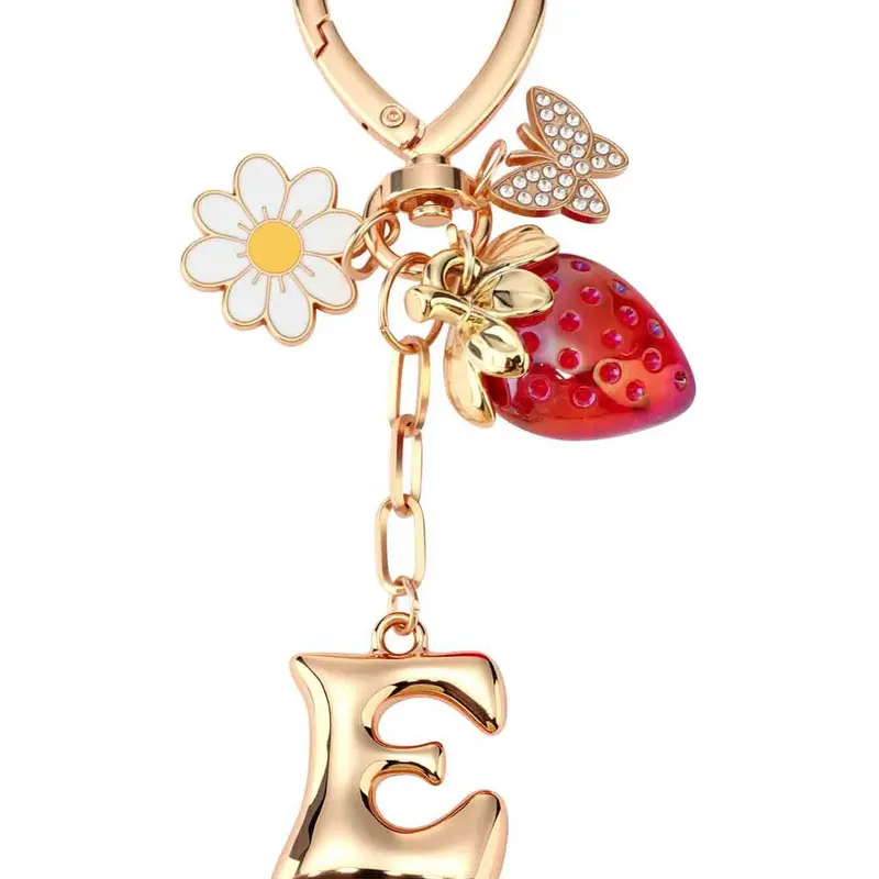 Strawberry Initial Keychain for Women-Cute Kawaii Gold Alphabet Bag Charms, Key chain Gift for Purse Handbag, Keychain for Bags, Metal Keychain, Cute Keychains
