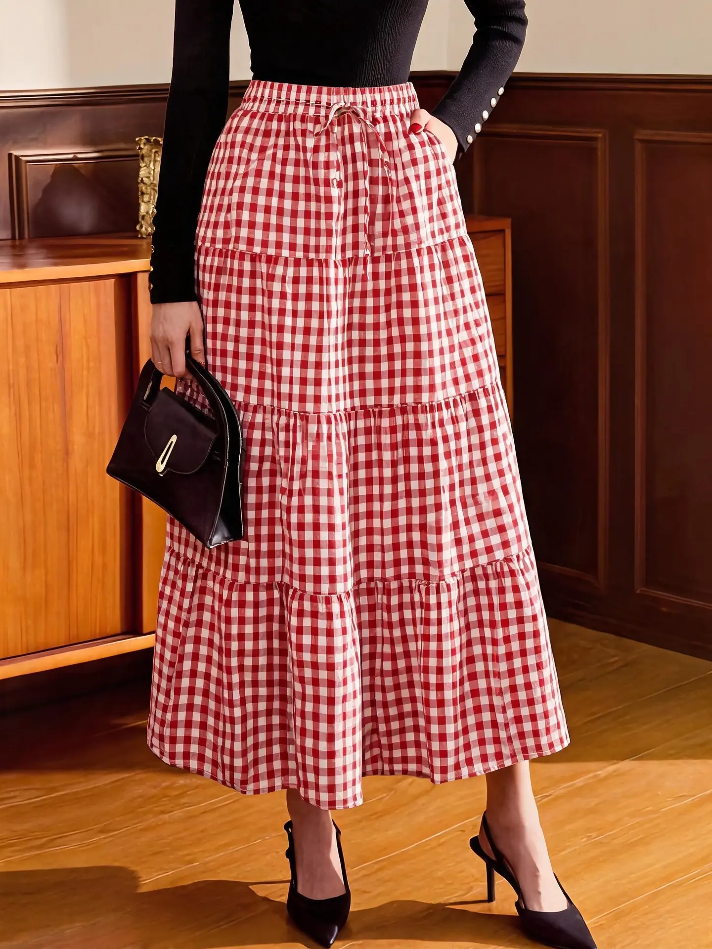 Women's Bohemian Plaid Gingham High-Waisted Midi Skirt - Ruffle, Elastic Waistband, A-Line, Vintage, Flowy, Pockets - Clothes, Bottoms for Outdoor, Party - Pair with Crop Tops, Cute Casual