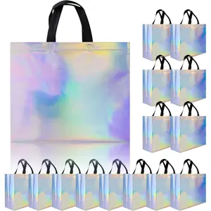 cabzymx Iridescent Glossy Gift Bags 15 pcs, 12.6x4.7x11 In Non-woven Reusable Goodie Bags Bulk, with Black Handles & Sturdy Base, Christmas Gift Bags for Birthday, Wedding, Easter, Holiday Party