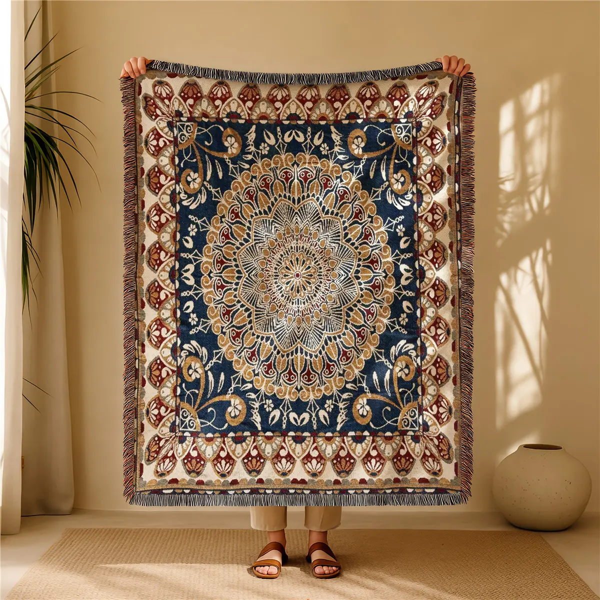 Mandala Pattern Bohemian Yarn Jacquard Woven Blanket with Tassel, Thick Soft Washable Blanket, Used for Home Decor Sofa Chair Bed Tapestry Tablecloth Floor Garden Picnic Outdoor Camping
