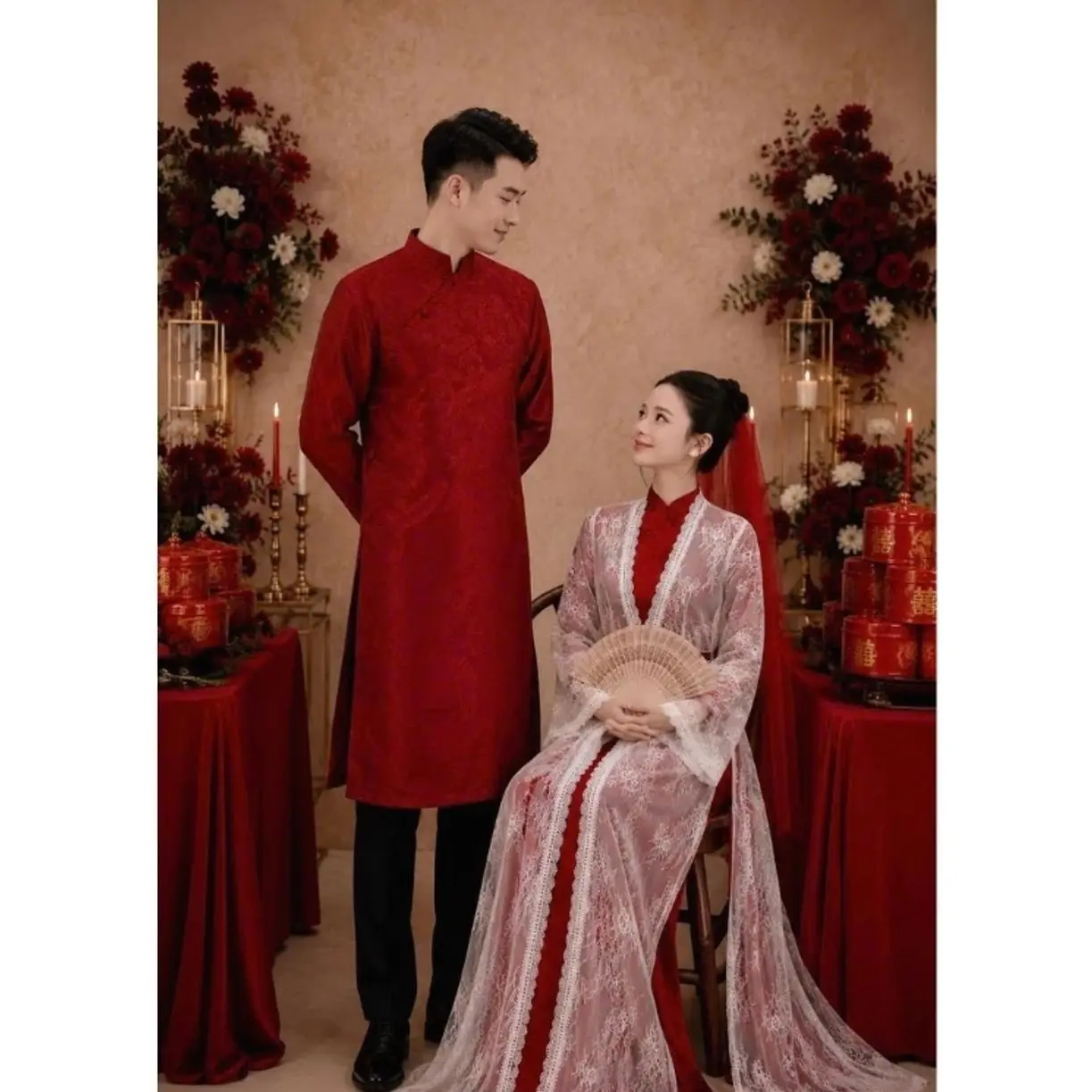 Traditional Vietnamese Wedding Ao Dai Couple Set – Red Brocade & White Lace