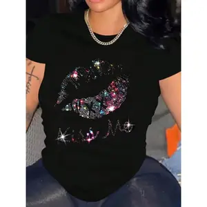 Kiss Me Glitter Rhinestone Lip Print T-Shirt, Summer Fashion Trendy Casual Women's Top, Daily Round Neck Tee Suitable for Parties & Casual Attire
