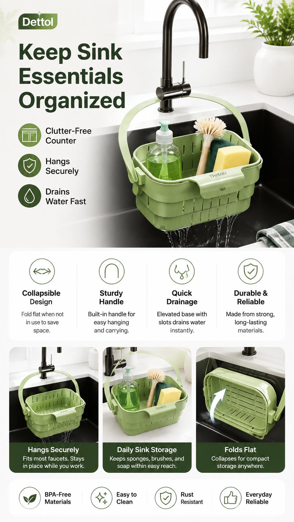 Collapsible Hanging Drain Basket - Expandable Foldable Space Saving Kitchen Sink Organizer for Dishes and Produce