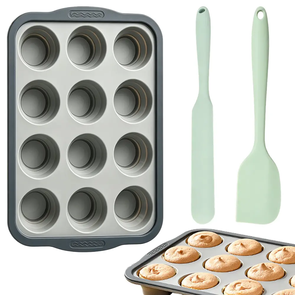 Silicone Muffin Pan with 2Pcs Scraper, 12 Cups Non-Stick Cupcake Pan, Food-Grade BPA-Free Muffin Tin, Oven-Safe 450 °F, Reinforced Steel Frame, Easy-Grab Handles, Quick-Release 2.3" Baking Molds for Mini Treats - Home Improvement.