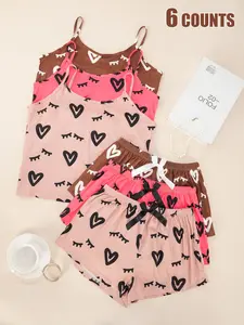 Knit Comfort Heart Print Sweet Halter Short Pants Pajama Set, Cute Fitted Sleepwear Loungewear Pjs, Six-Piece Set, All Seasons