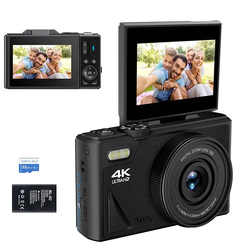 4K 64MP Digital Camera, 3.0 Inch 180° Flip Screen Vlogging Camera with LED Fill Light, 18X Digital Zoom Camera With Rechargeable Battery, 32GB TF Card