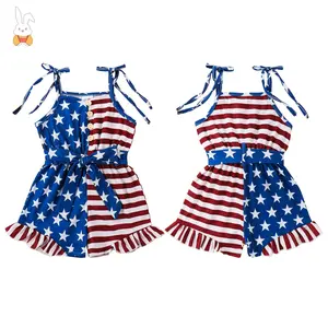 4th Of July Outfit Toddler Girl Stars Stripe Flag Tie-up Romper Overall Shorts Little Girls 4th Of July Clothing