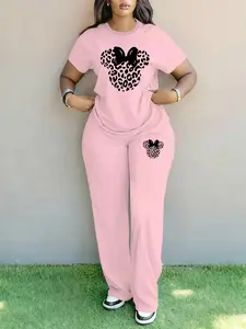 Women's Casual Cartoon Leopard Print Two-Piece Set, Fitted Short Sleeve Top & Wide Leg Pants, All Seasons Fashion