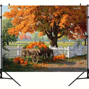 2D Flat, 2D flat banner,1pc Autumn Harvest Theme Backdrop with Pumpkin Cart, Maple Trees, and Scenic Countryside for Photography and Fall Seasonal Decor -No need for electricity, suitable for var