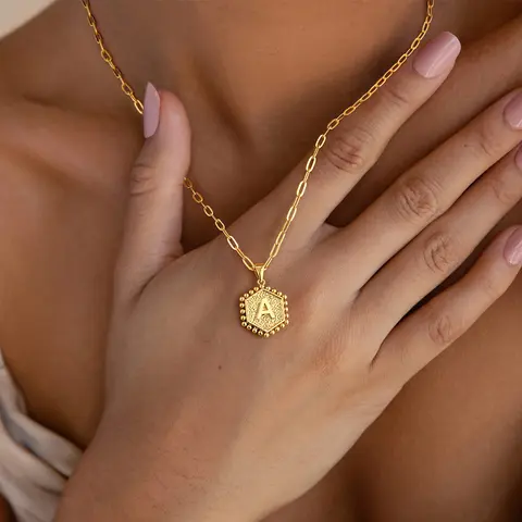 Turandoss 14K Gold Plated Brass Hexagon Initial Necklace - Dainty Gold Letter Fashion Pendant, Female 18"+2" Extension Dainty Layered Necklace, Cute Gift for Girlfriend