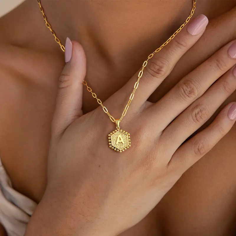 Turandoss 14K Gold Plated Brass Hexagon Initial Necklace - Dainty Gold Letter Fashion Pendant, Female 18"+2" Extension Dainty Layered Necklace, Cute Gift for Girlfriend