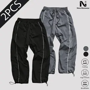 Men's lightweight, breathable,Black Contrast Piping Tr reflective printedwide-leg pants with adjustable leg openings anddrawstrings, elastic waist, casual pants suitablefor outdoor sports, fitness, campus commuting,SummerVibes,, and versatile long pants